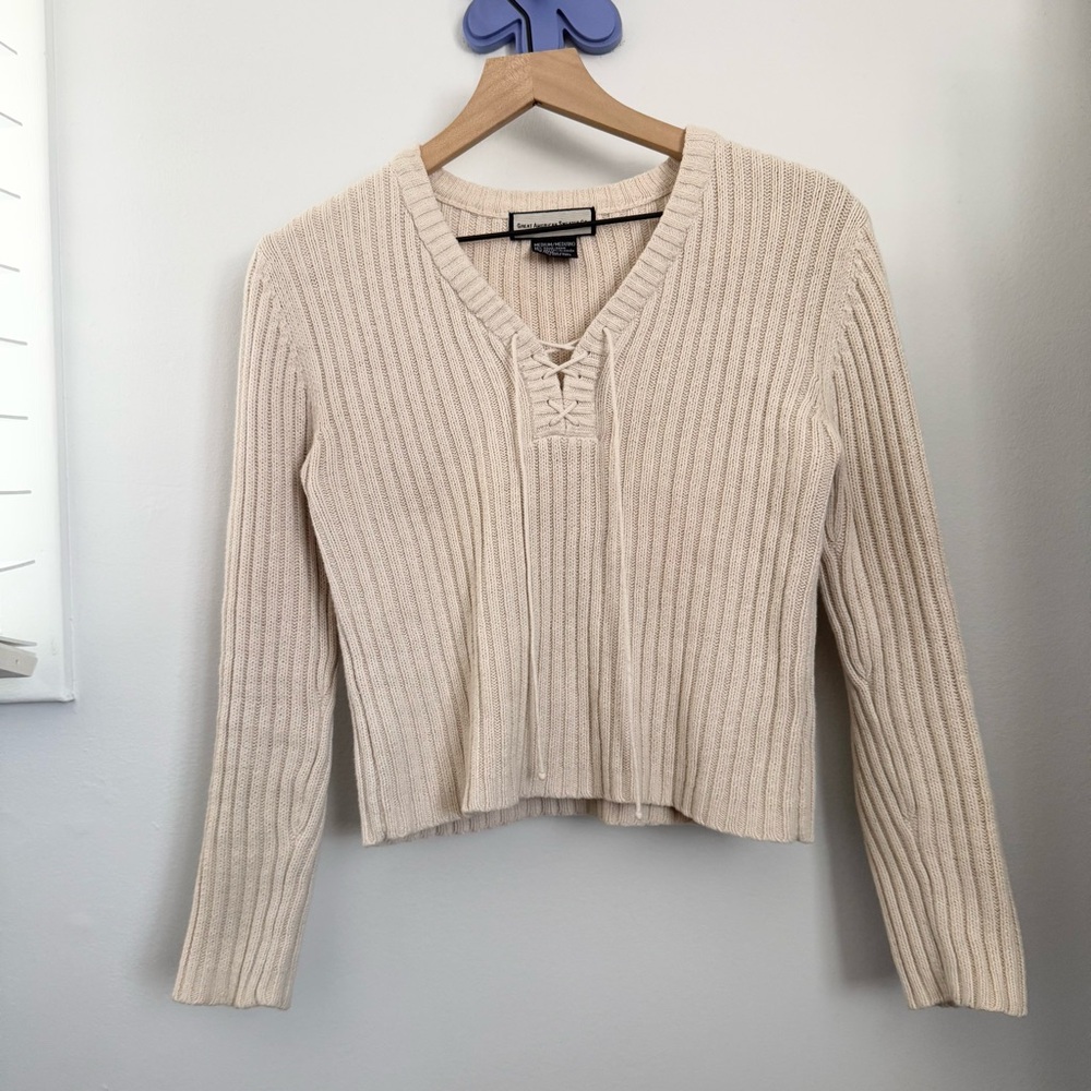 Vintage Retro‎ 90s Large Lace Up Rib Crop Sweater Beige Ski Cabin Grunge Minimal